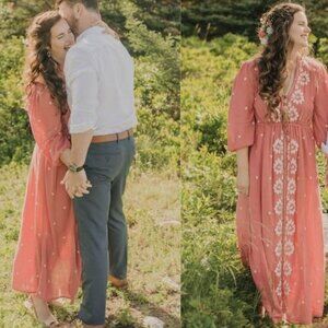 Free People Fable Midi Dress Embroidered Floral Flowy Salmon Pink Gauzy FP